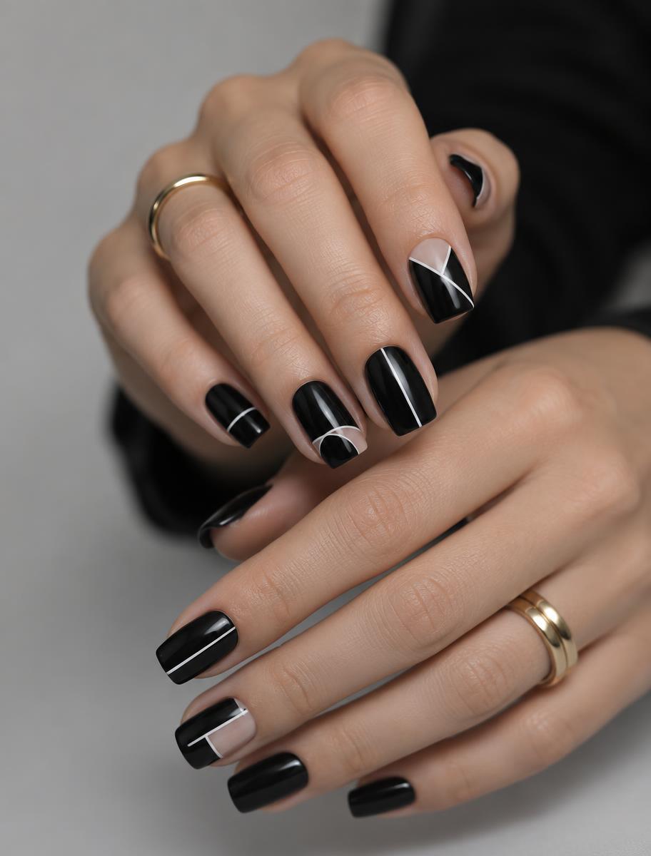 Black and white geometric nail art