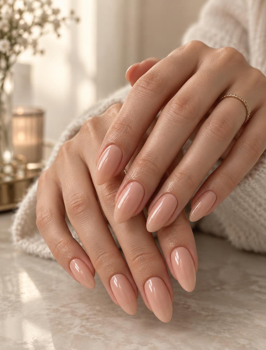 Glossy peachy nude manicure